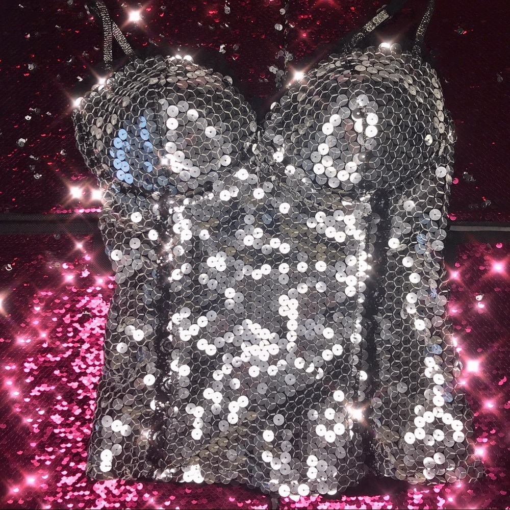 💿 Shiny Silver and Black lace Corset Top 💿